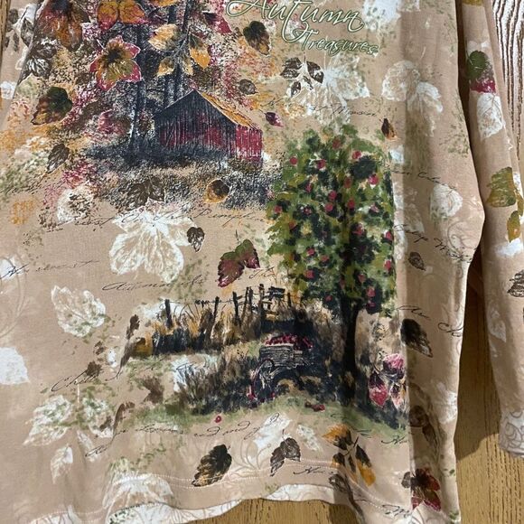 WOMEN’s MULTI NATURE PAINTING AUTUMN LANDSCAPE INSPIRED PRINT SHIRT Size-2X - Picture 5 of 6
